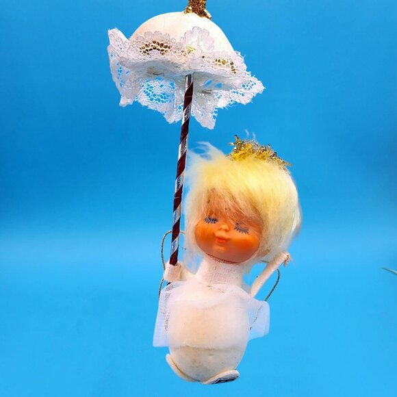 Pixie Angel Ornament Tulle Wings Parasol Lace Trim 1960s Japan Sleepy Eyes - Picture 2 of 9